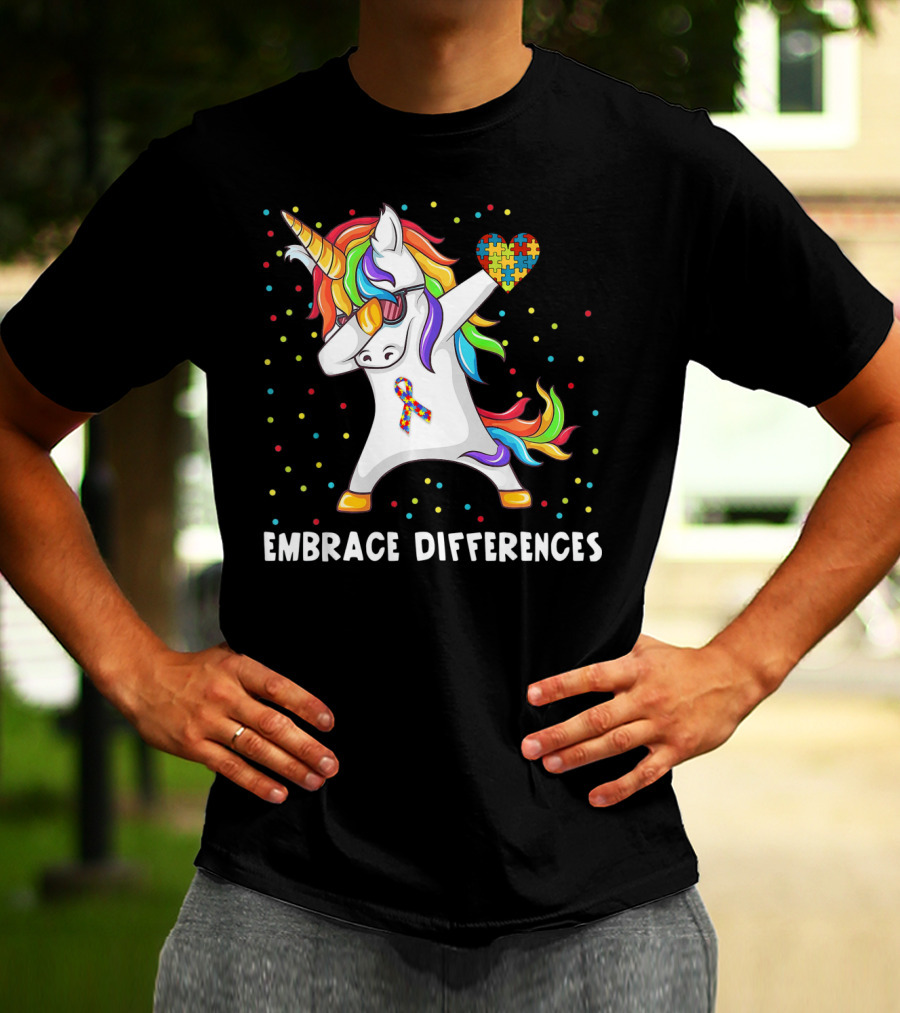 Embrace Differences Rainbow Dabbing Unicorn Puzzle Heart Autism Awareness T-Shirt