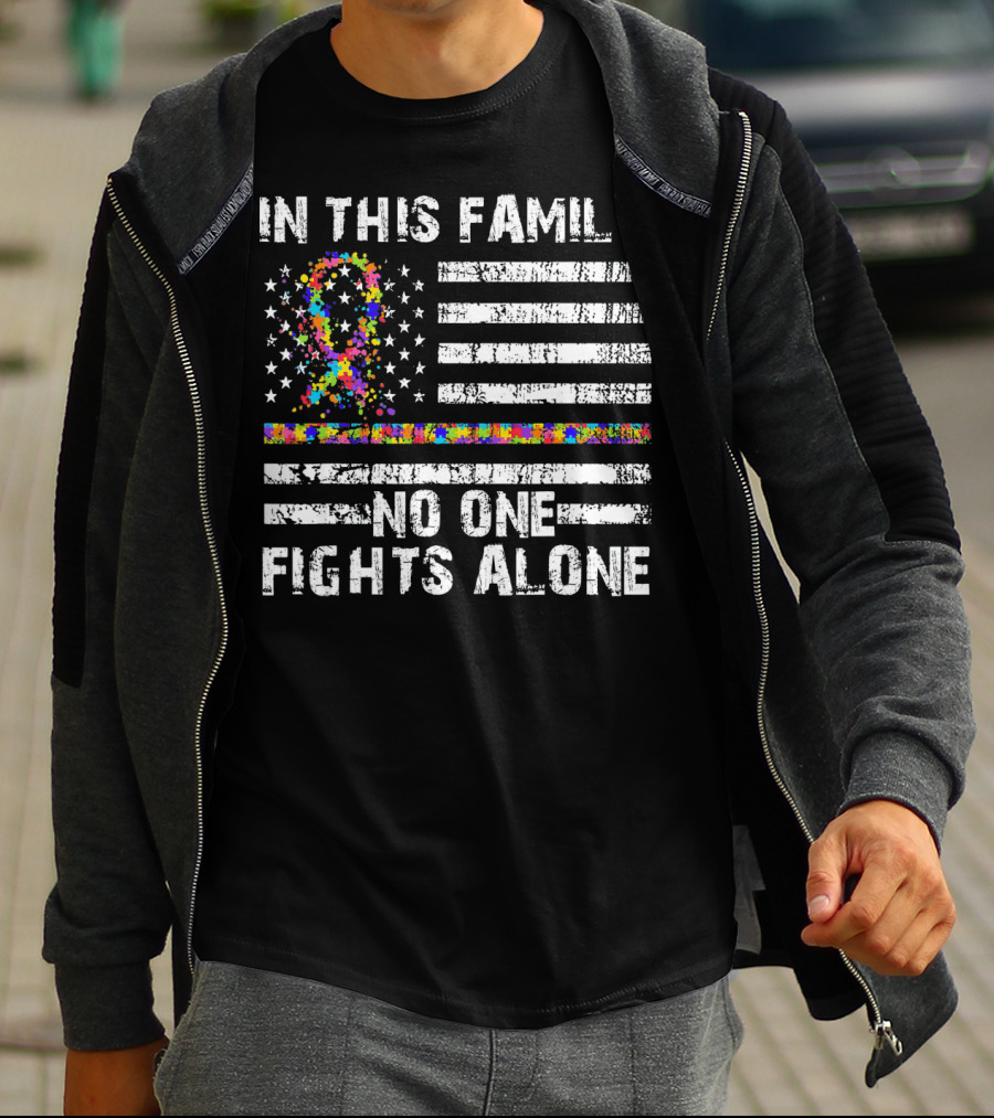In This Family No One Fights Alone Autism Awareness Puzzle Ribbon Flag T-Shirt