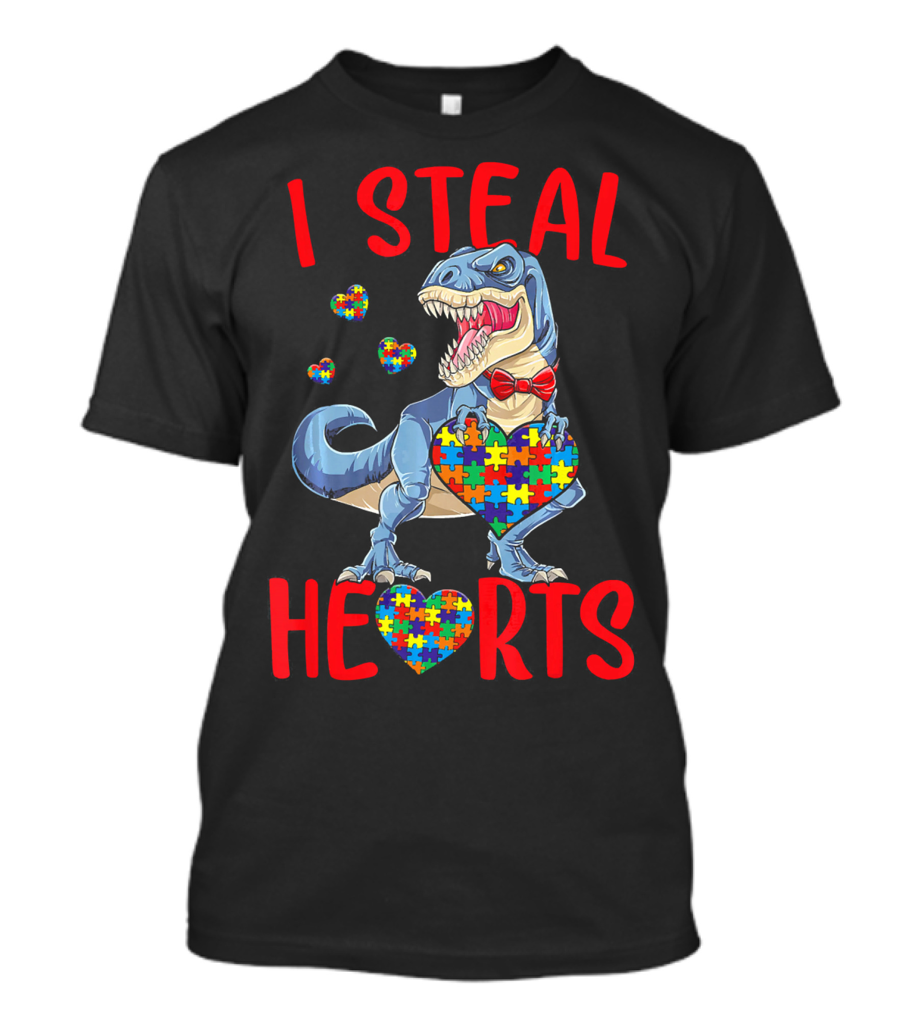 I Steal Hearts Dinosaur With Puzzle Piece Hearts Autism Awareness T-Shirt