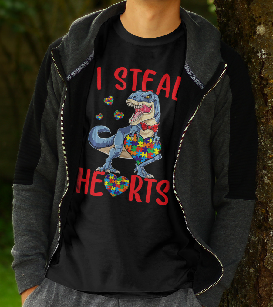 I Steal Hearts Dinosaur With Puzzle Piece Hearts Autism Awareness T-Shirt