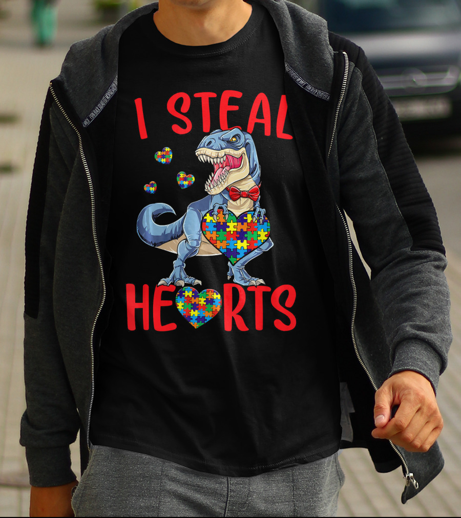 I Steal Hearts Dinosaur With Puzzle Piece Hearts Autism Awareness T-Shirt