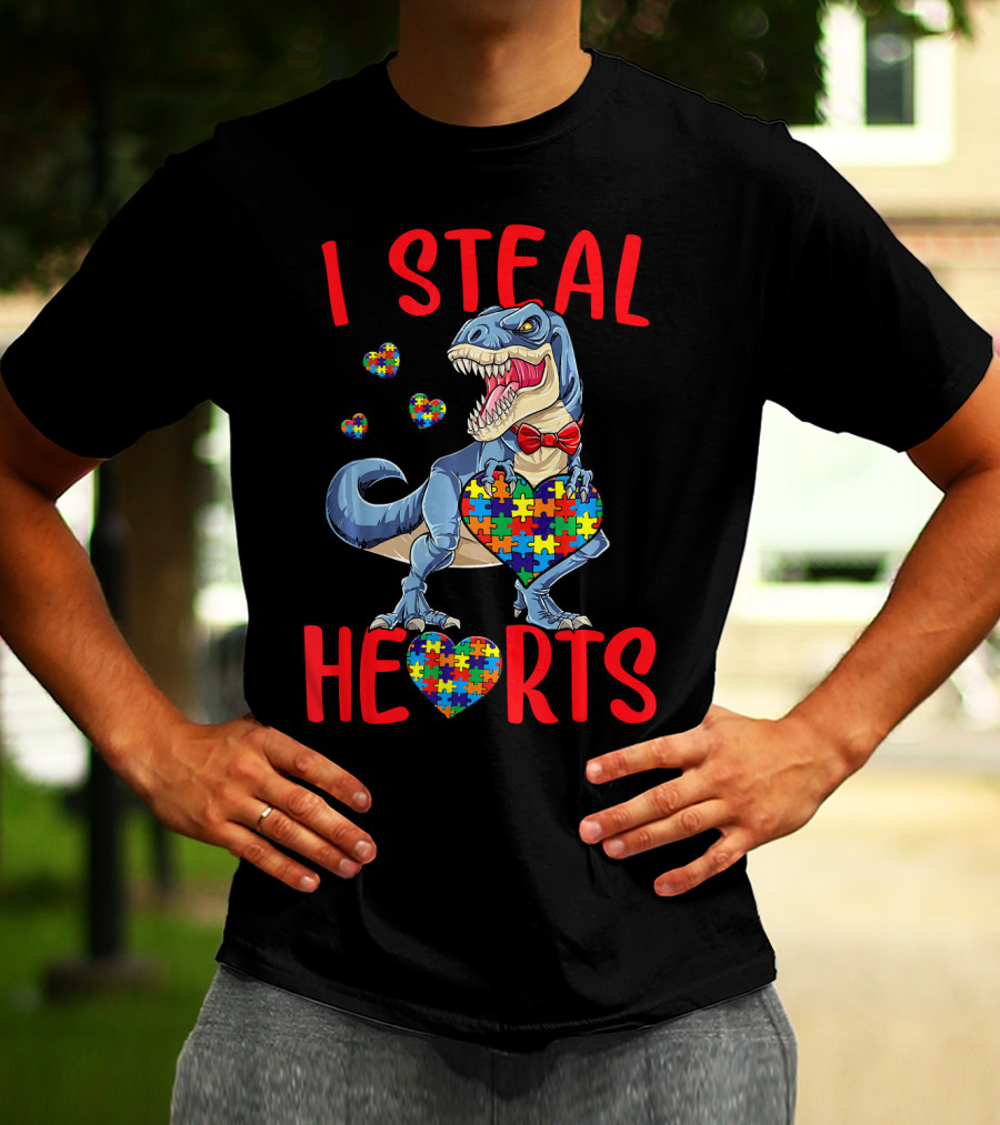 I Steal Hearts Dinosaur With Puzzle Piece Hearts Autism Awareness T-Shirt
