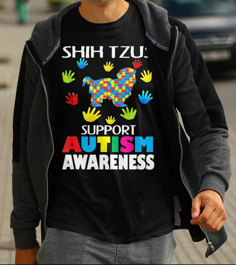 Shih Tzus Support Autism Awareness Puzzle Pattern And Colorful Handprints T-Shirt
