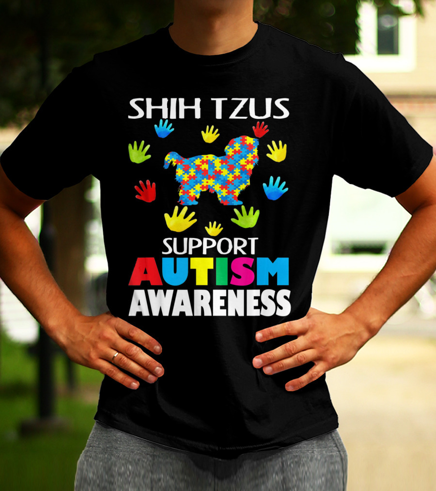 Shih Tzus Support Autism Awareness Puzzle Pattern And Colorful Handprints T-Shirt