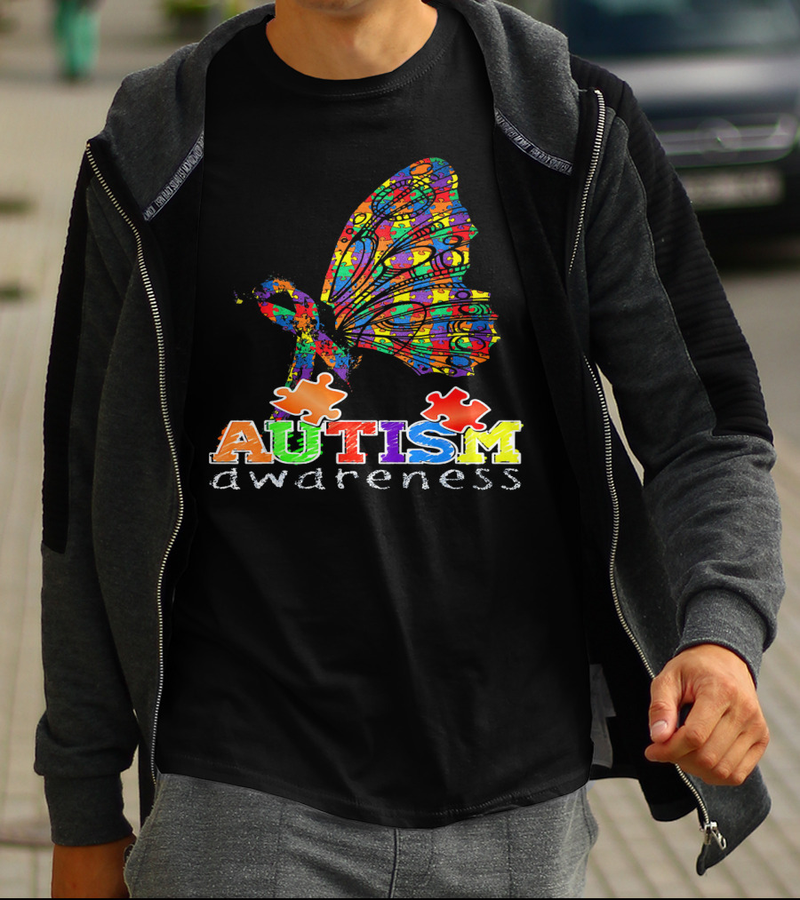 Autism Awareness Butterfly Ribbon Puzzle Autism Awareness T-Shirt