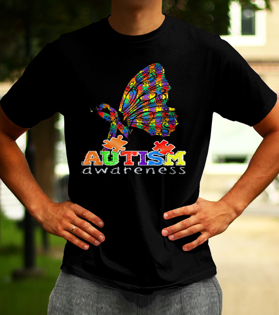 Autism Awareness Butterfly Ribbon Puzzle Autism Awareness T-Shirt