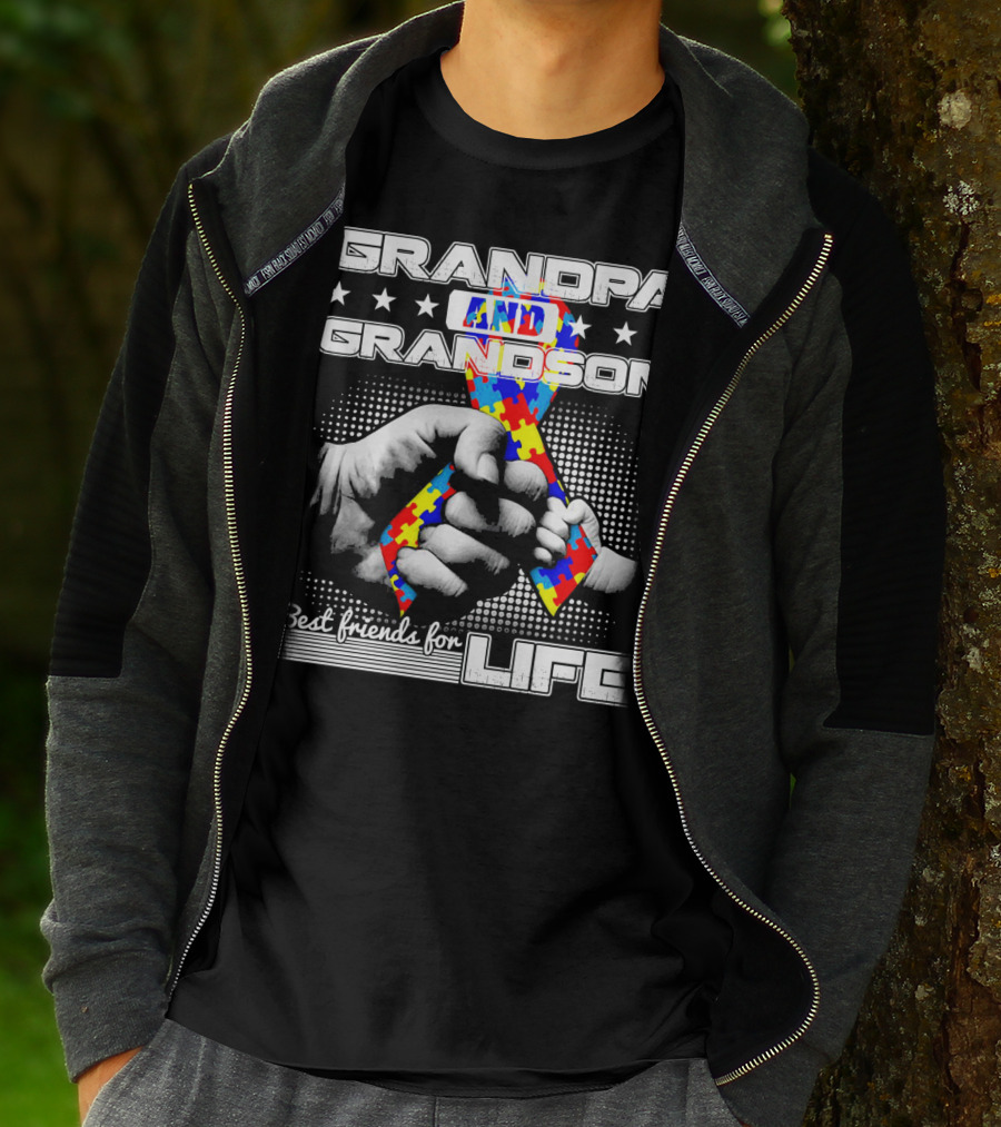 Grandpa And Grandson Best Friends For Life With Autism Puzzle T-Shirt