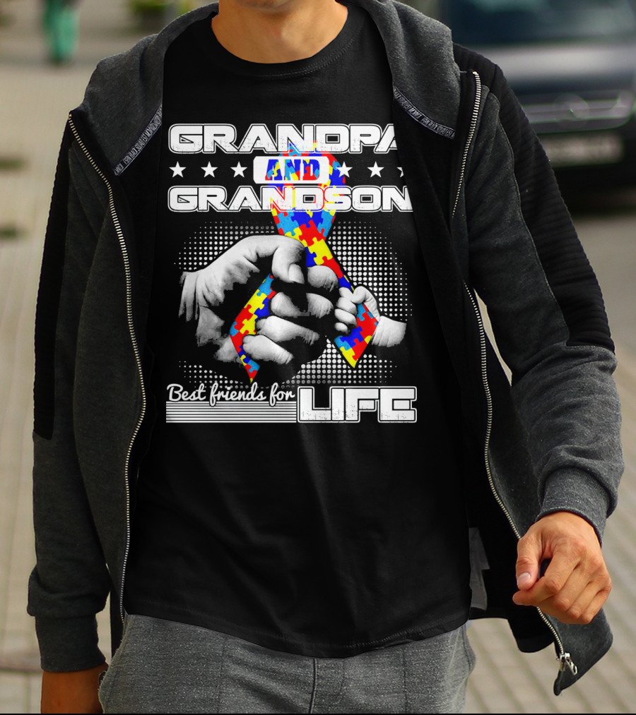 Grandpa And Grandson Best Friends For Life With Autism Puzzle T-Shirt