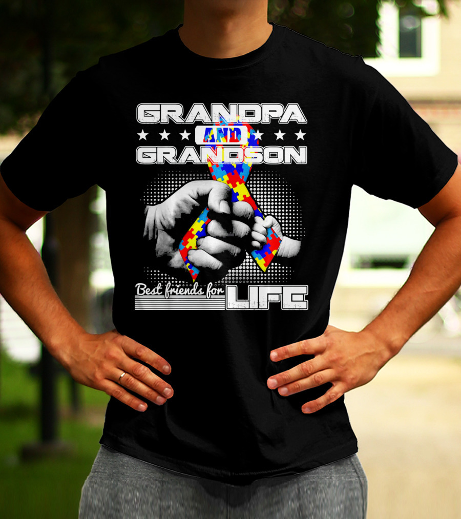 Grandpa And Grandson Best Friends For Life With Autism Puzzle T-Shirt