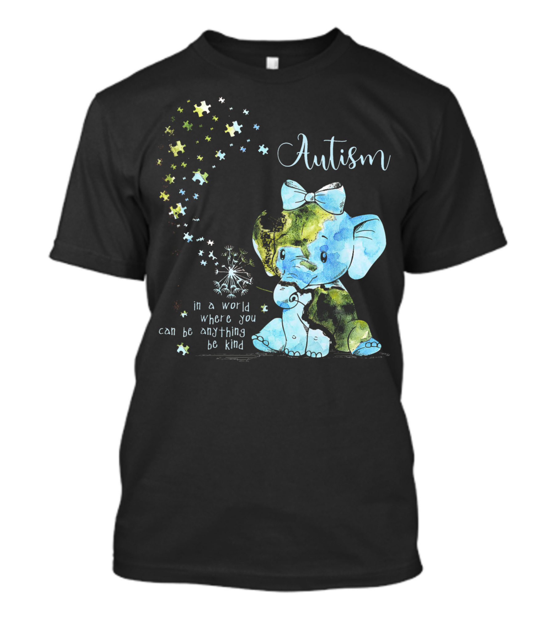 Autism Awareness Be Kind Elephant Dandelion Puzzle Pieces T-Shirt