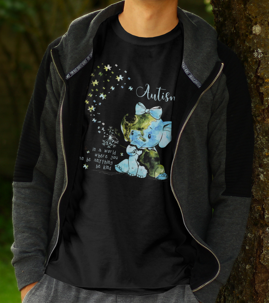 Autism Awareness Be Kind Elephant Dandelion Puzzle Pieces T-Shirt