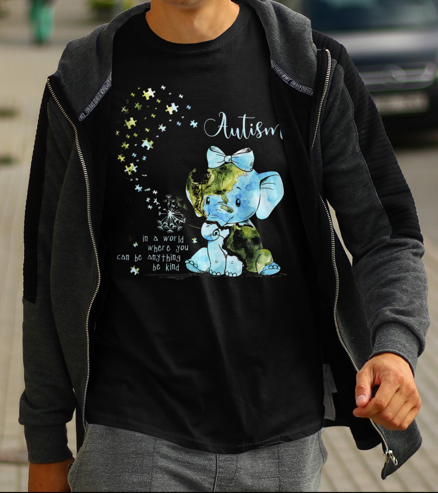 Autism Awareness Be Kind Elephant Dandelion Puzzle Pieces T-Shirt