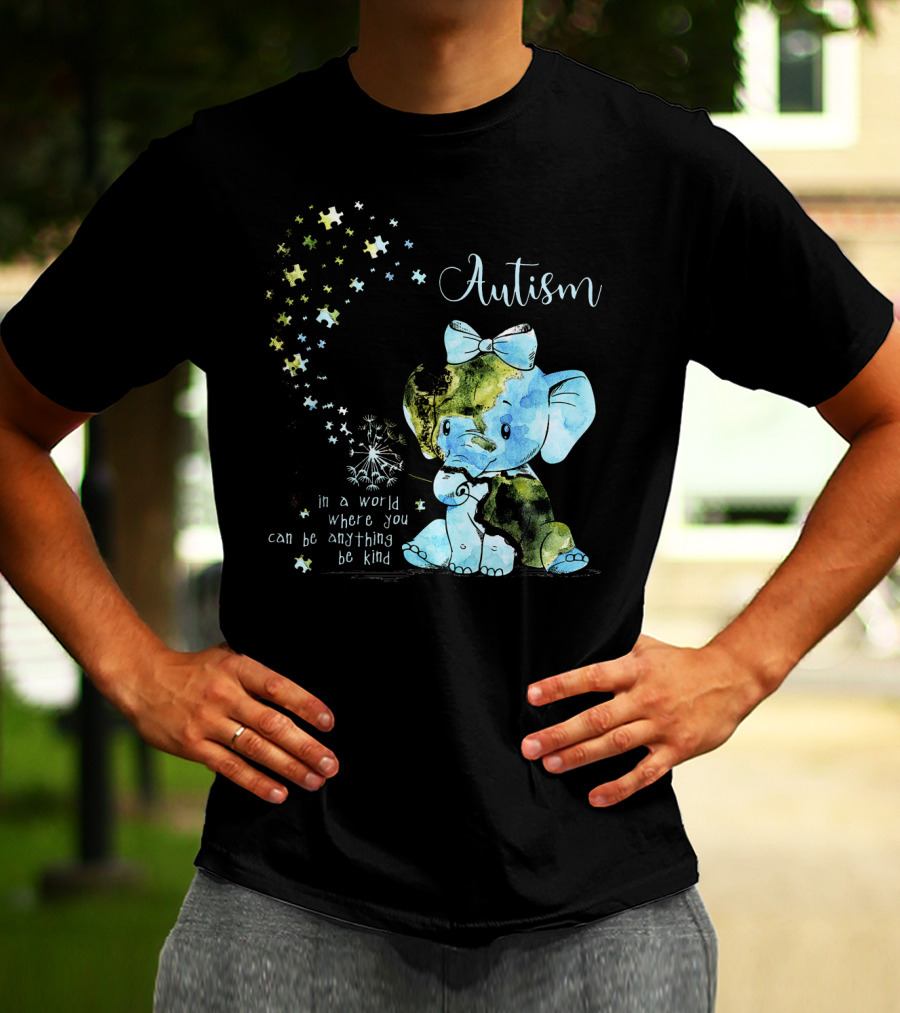 Autism Awareness Be Kind Elephant Dandelion Puzzle Pieces T-Shirt