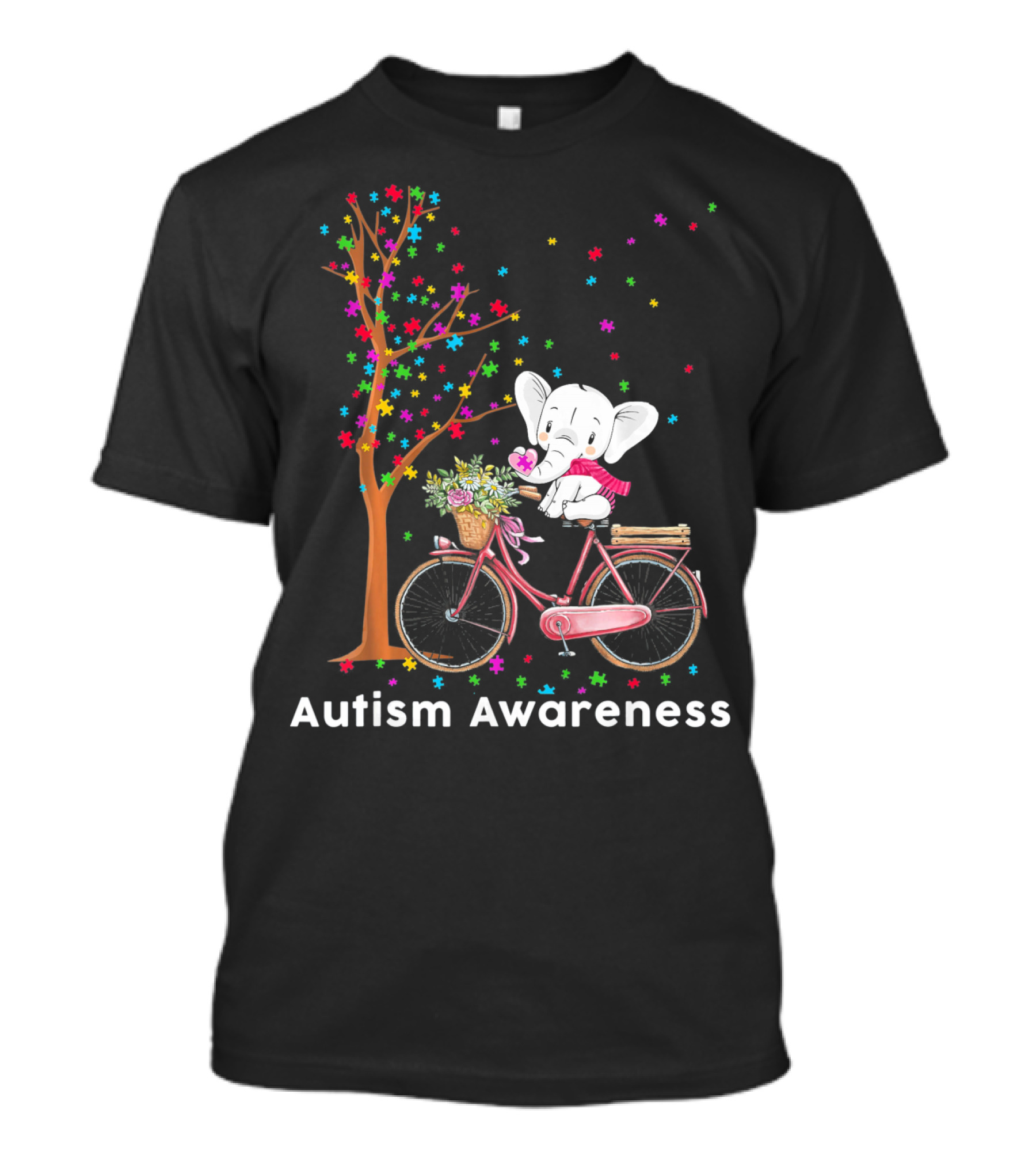 Autism Awareness Elephant Riding Bicycle With Puzzle Pieces And Tree T-Shirt