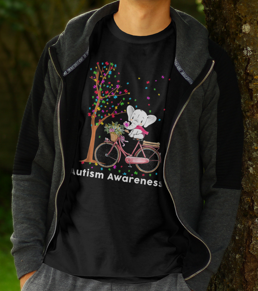 Autism Awareness Elephant Riding Bicycle With Puzzle Pieces And Tree T-Shirt