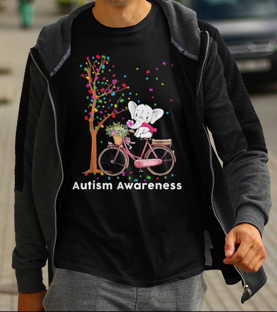 Autism Awareness Elephant Riding Bicycle With Puzzle Pieces And Tree T-Shirt