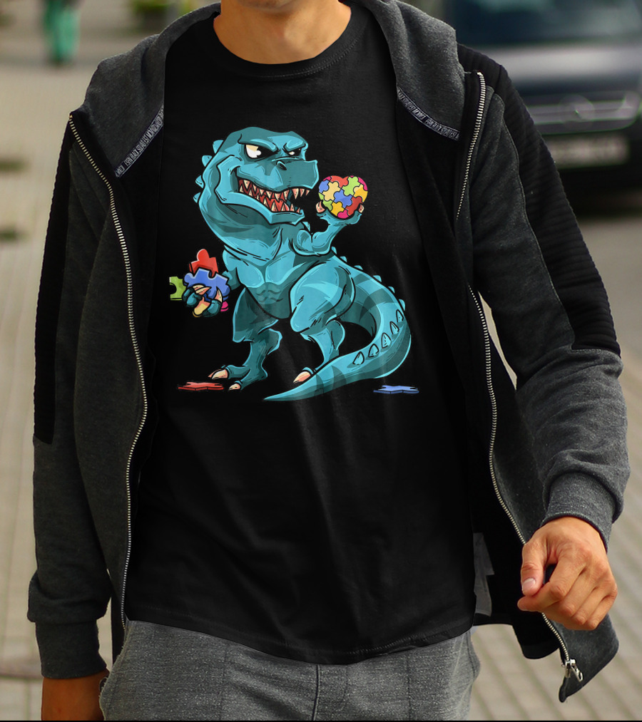 Autism Awareness Dinosaur Puzzle Rex Heart T-Shirt