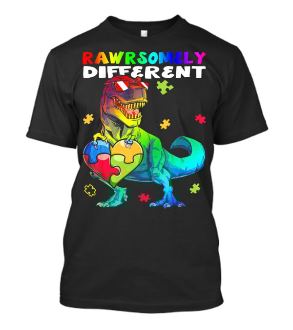 Rawrsomely Different Autism Awareness Dinosaur Puzzle Heart T-Shirt