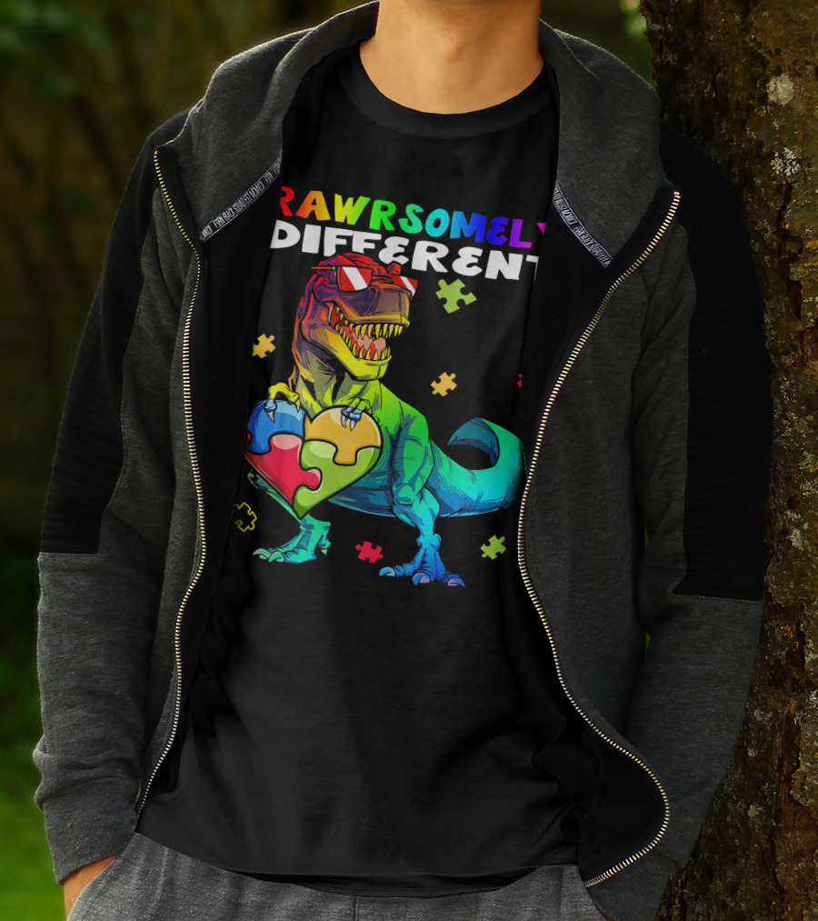 Rawrsomely Different Autism Awareness Dinosaur Puzzle Heart T-Shirt