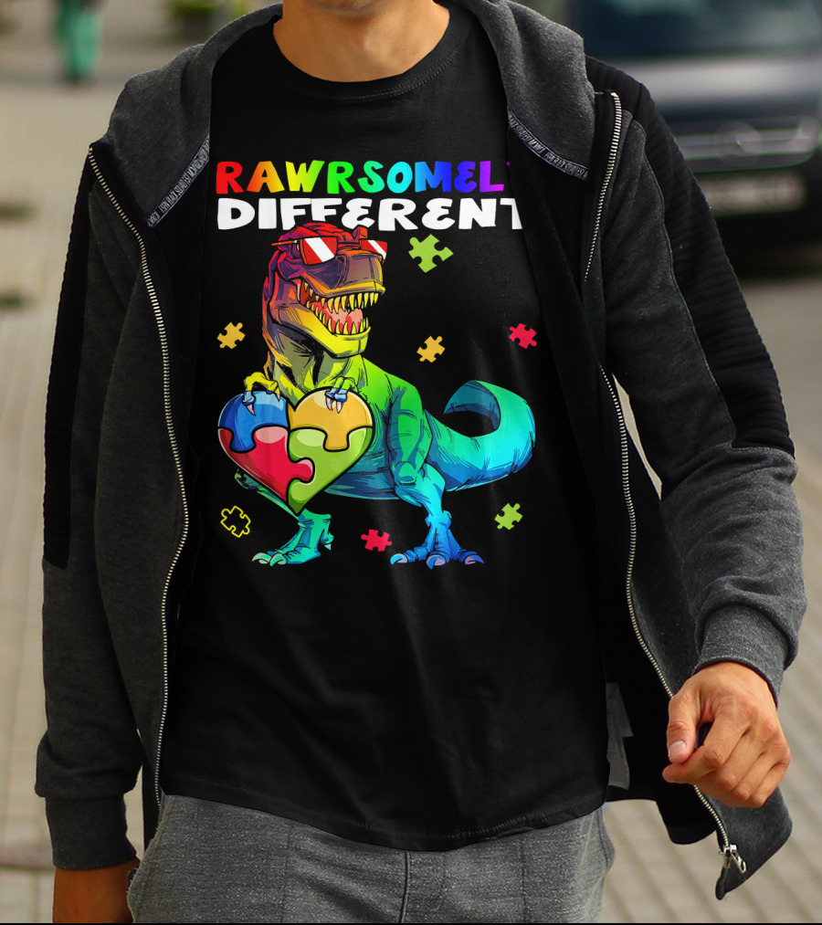 Rawrsomely Different Autism Awareness Dinosaur Puzzle Heart T-Shirt