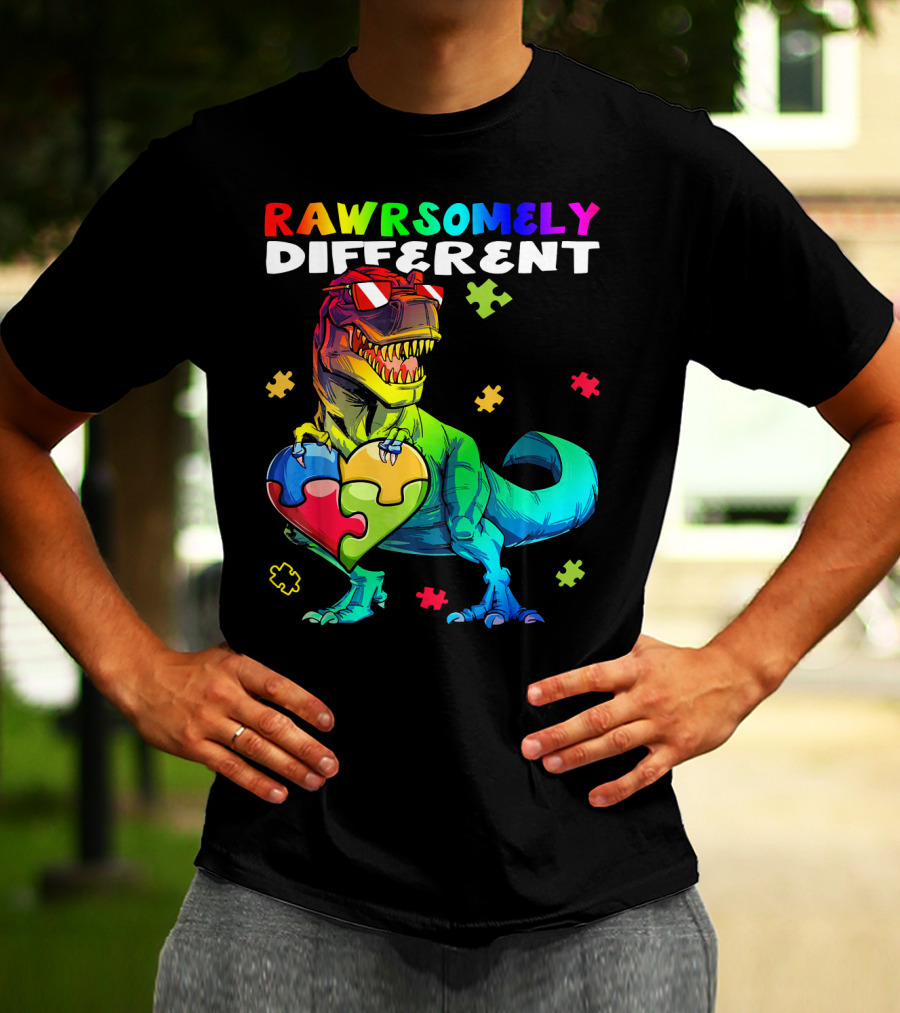 Rawrsomely Different Autism Awareness Dinosaur Puzzle Heart T-Shirt