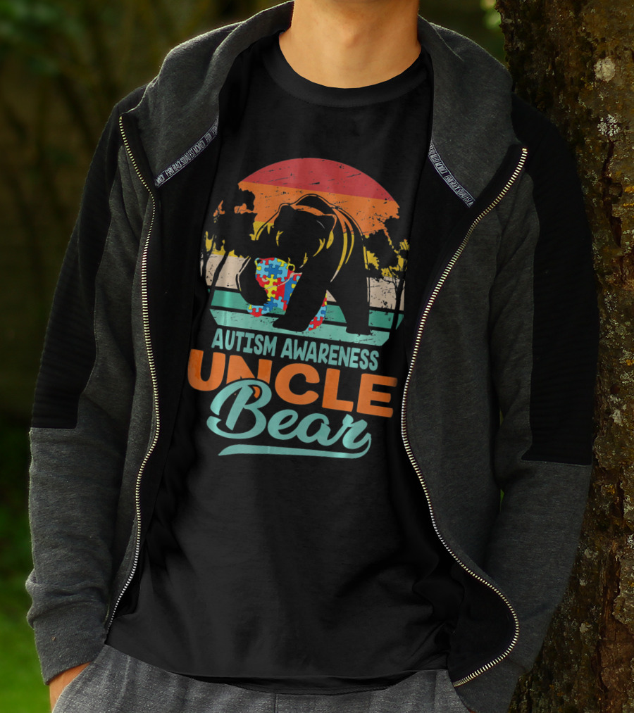 Autism Awareness Uncle Bear Puzzle Sunset T-Shirt