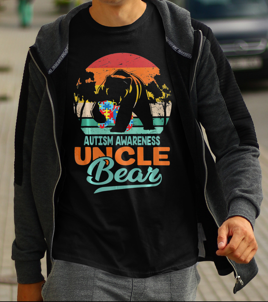 Autism Awareness Uncle Bear Puzzle Sunset T-Shirt