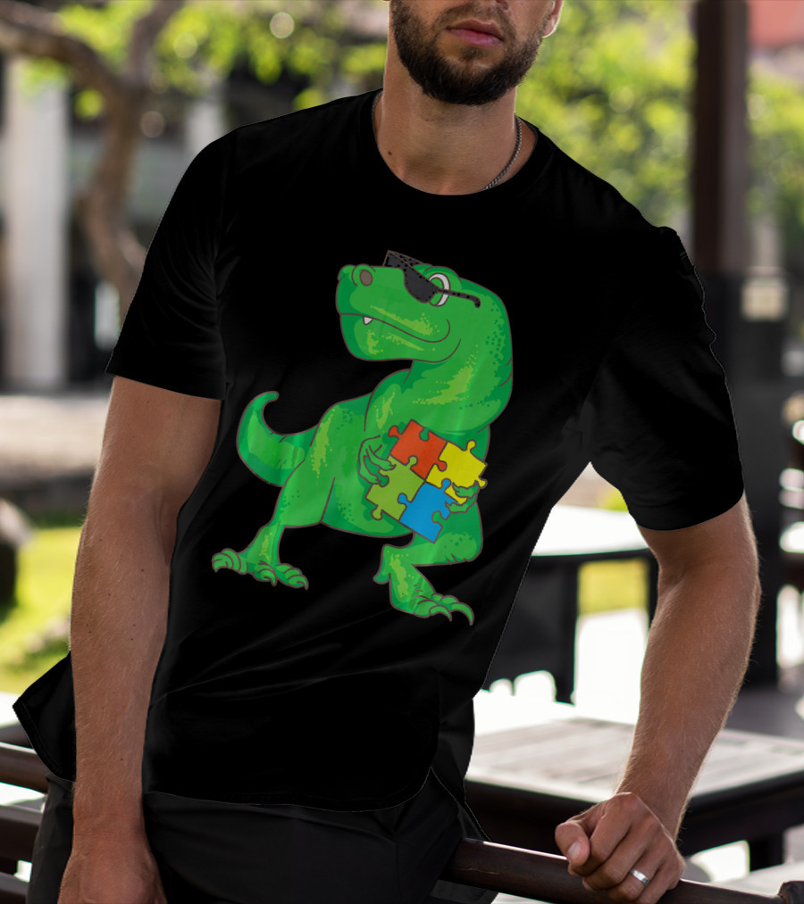 Autism Awareness Month Dinosaur Holding Puzzle Pieces T-Shirt