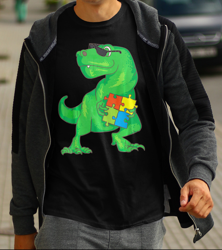 Autism Awareness Month Dinosaur Holding Puzzle Pieces T-Shirt
