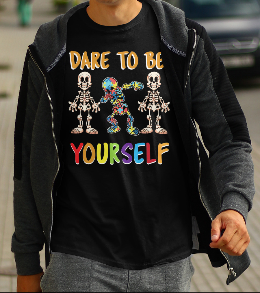 Dare To Be Yourself Autism Awareness Day Skeleton Dabbing T-Shirt