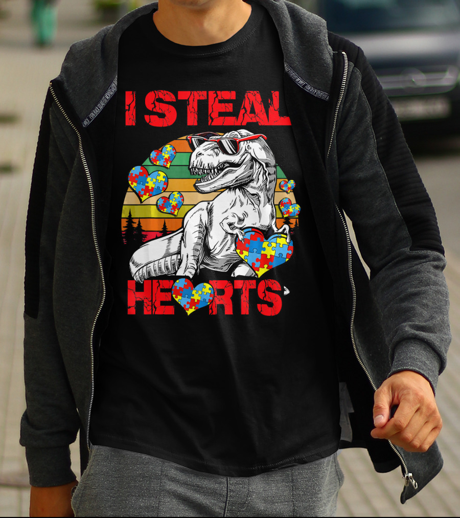 I Steal Hearts Autism Awareness Vintage Dinosaur T-Shirt