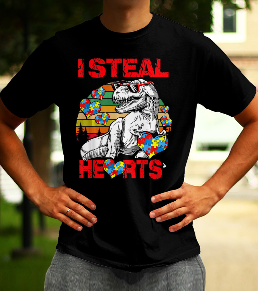 I Steal Hearts Autism Awareness Vintage Dinosaur T-Shirt