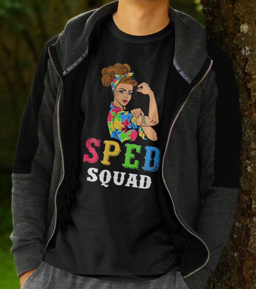 SPED Squad Autism Awareness Puzzle Ribbon Rosie Riveter T-Shirt
