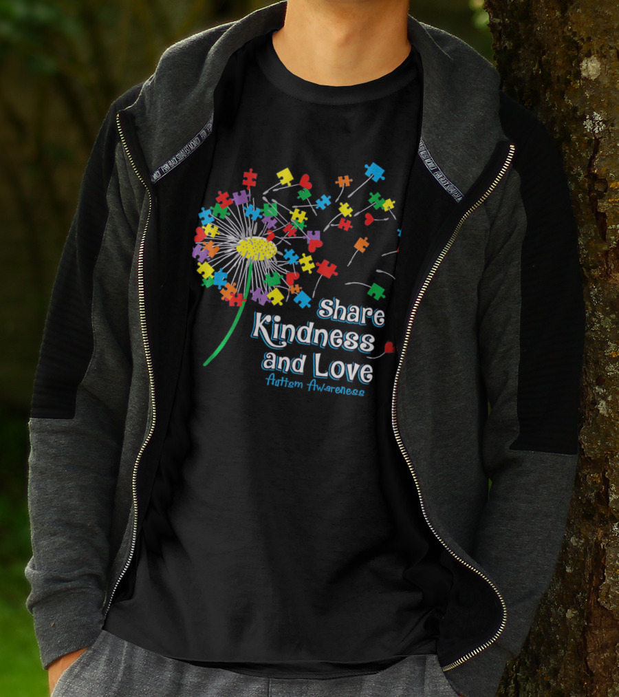 Share Kindness And Love Puzzle Heart Dandelion Autism Awareness T-Shirt