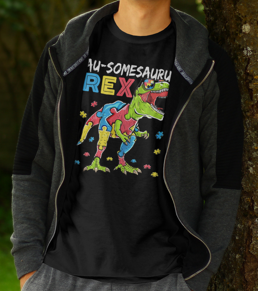 Au-somesaurus Rex Dinosaur Autism Awareness Puzzle Pieces T-Shirt