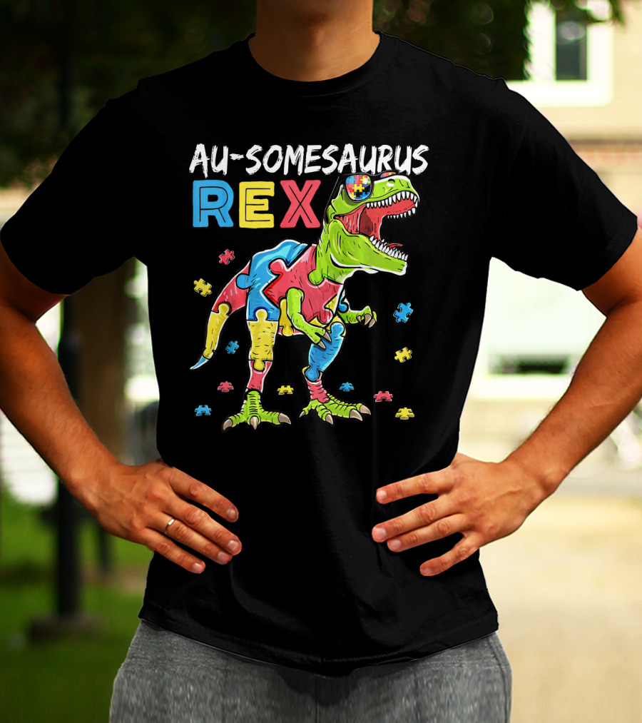 Au-somesaurus Rex Dinosaur Autism Awareness Puzzle Pieces T-Shirt
