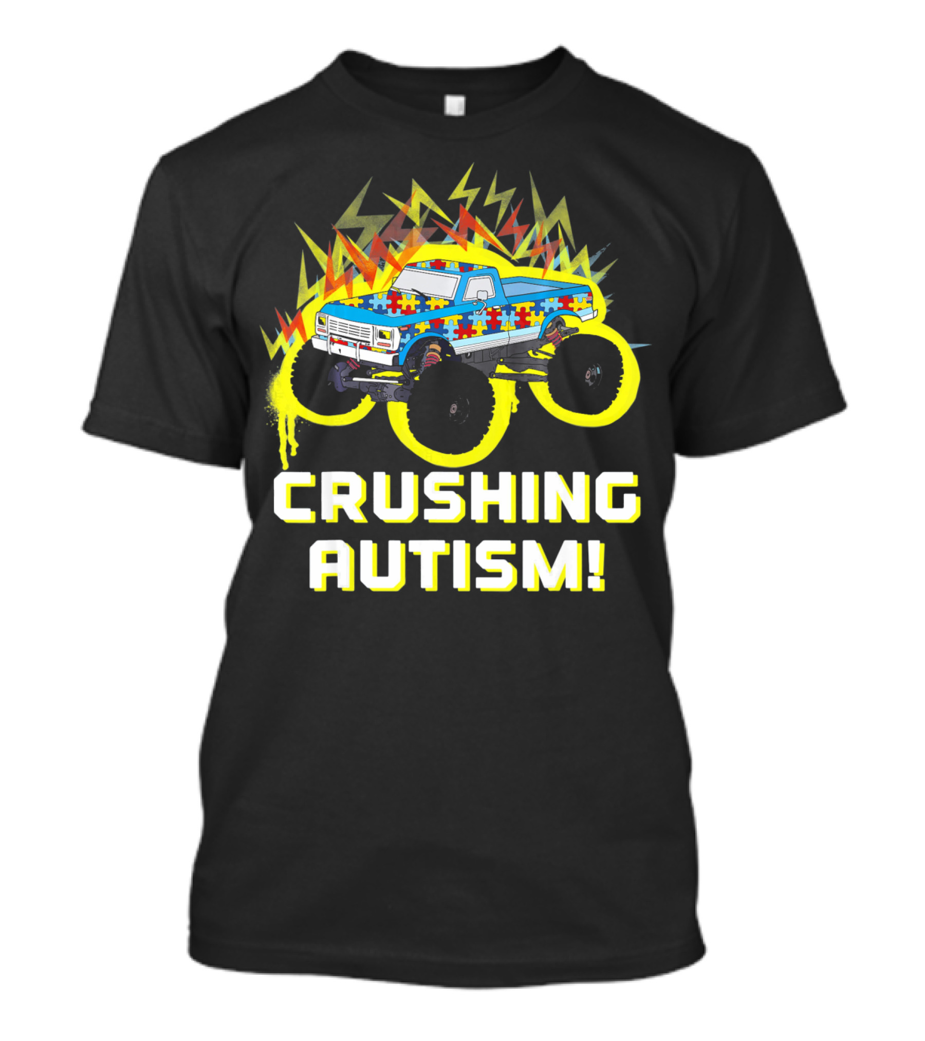 Crushing Autism Awareness Monster Truck With Puzzle Pattern And Lightning T-Shirt
