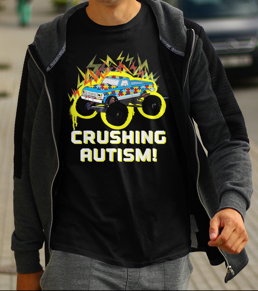 Crushing Autism Awareness Monster Truck With Puzzle Pattern And Lightning T-Shirt