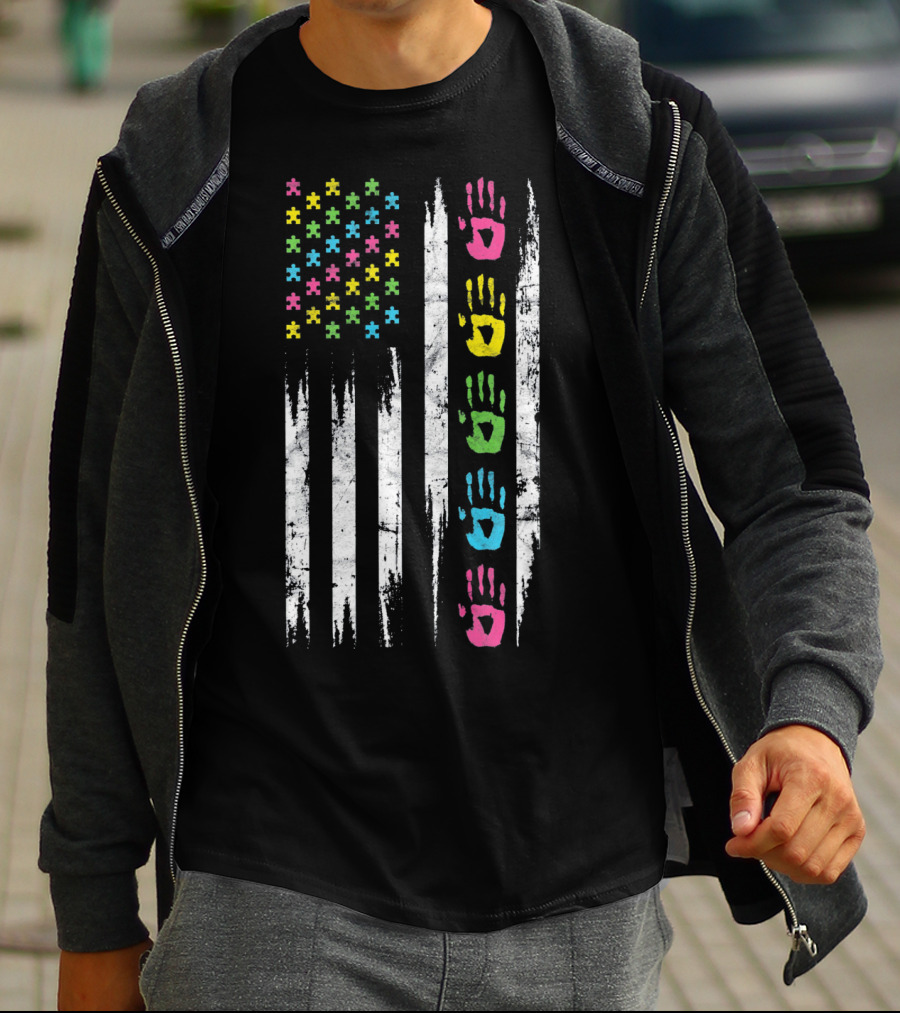 Autism Awareness Puzzle Piece Handprint USA Flag T-Shirt