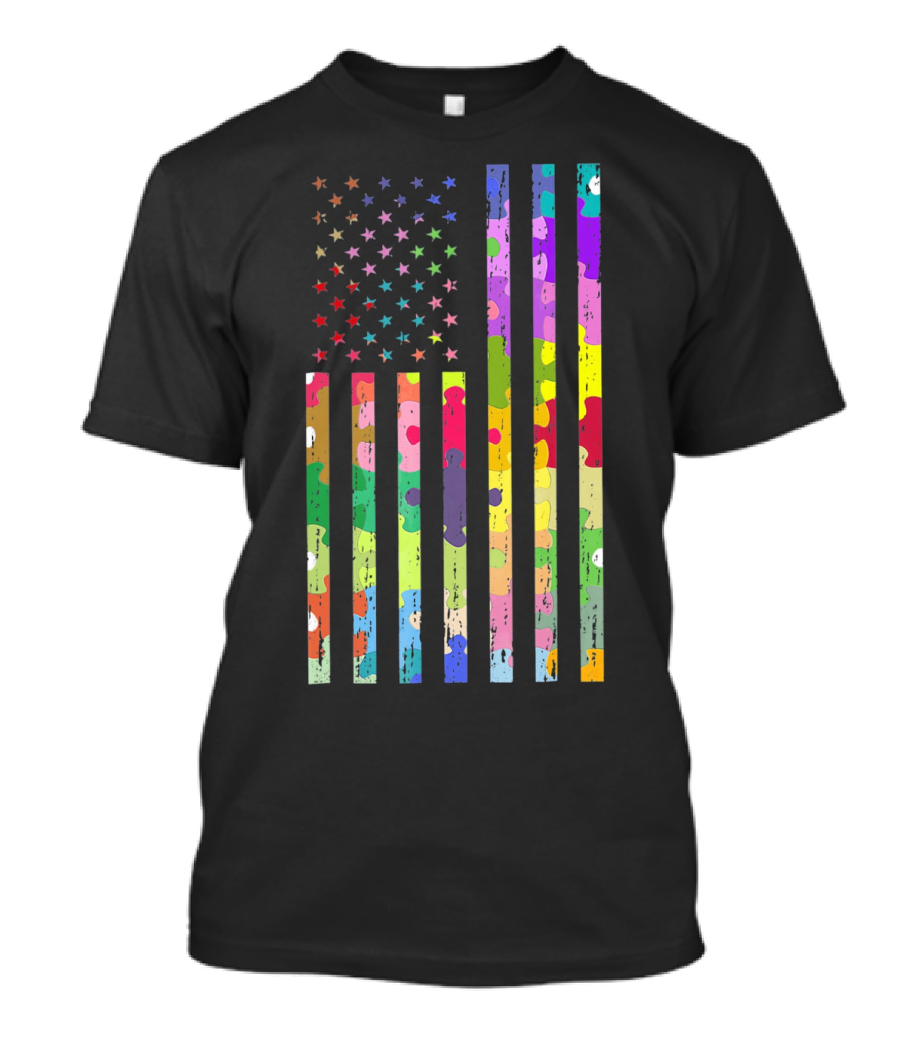 Autism Awareness Puzzle Pattern American Flag T-Shirt
