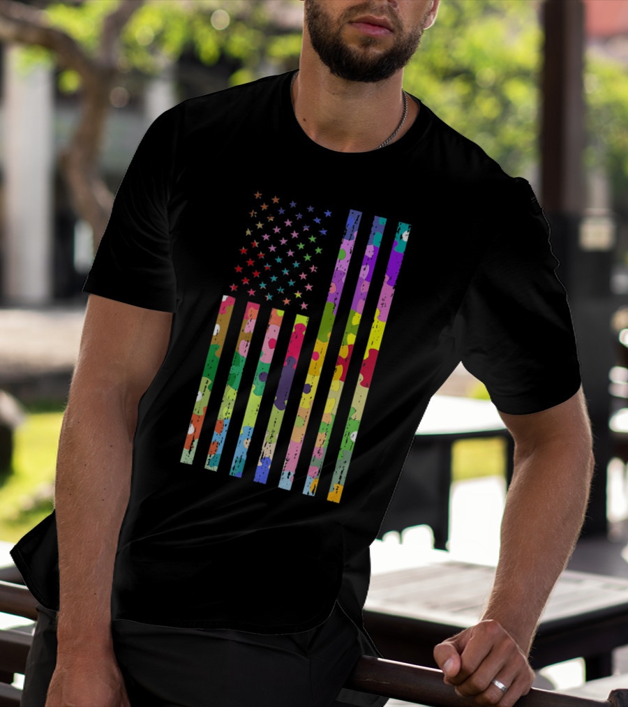 Autism Awareness Puzzle Pattern American Flag T-Shirt