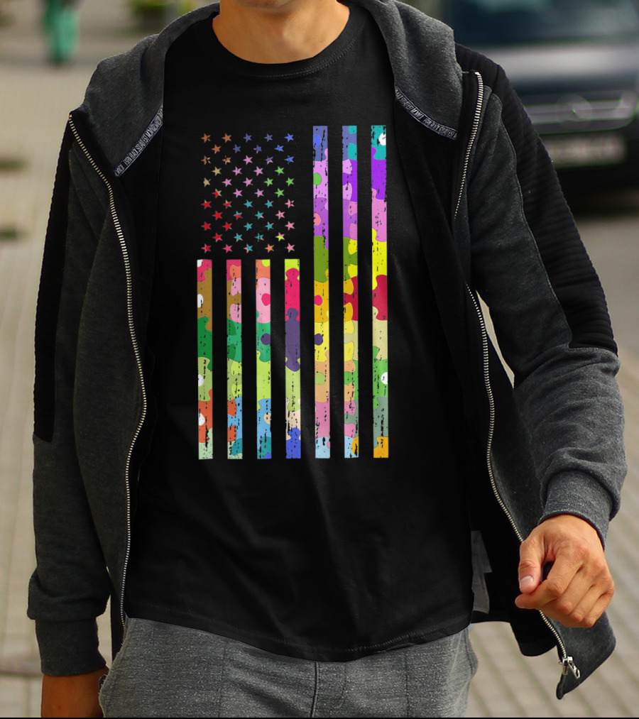 Autism Awareness Puzzle Pattern American Flag T-Shirt
