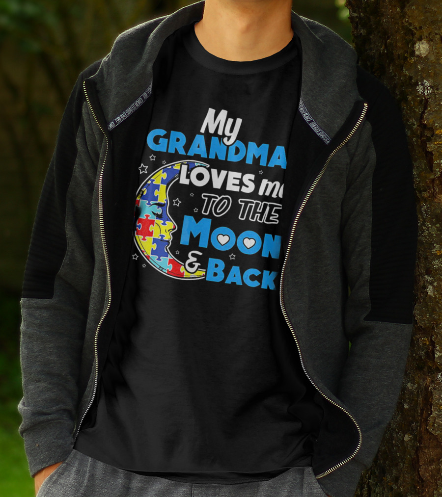 My Grandma Loves Me To The Moon And Back Puzzle Piece Moon Hearts Stars T-Shirt