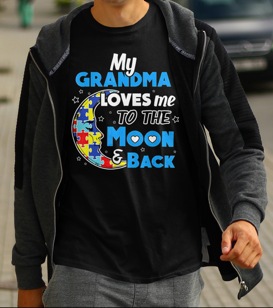 My Grandma Loves Me To The Moon And Back Puzzle Piece Moon Hearts Stars T-Shirt