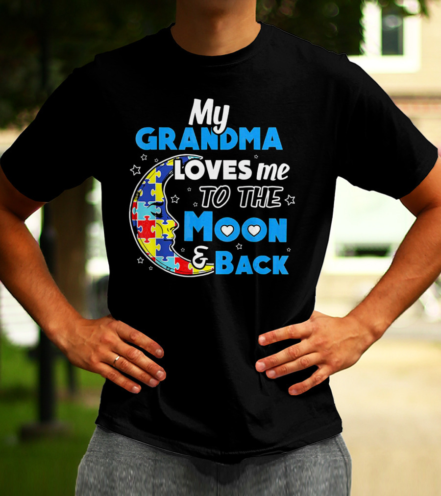 My Grandma Loves Me To The Moon And Back Puzzle Piece Moon Hearts Stars T-Shirt
