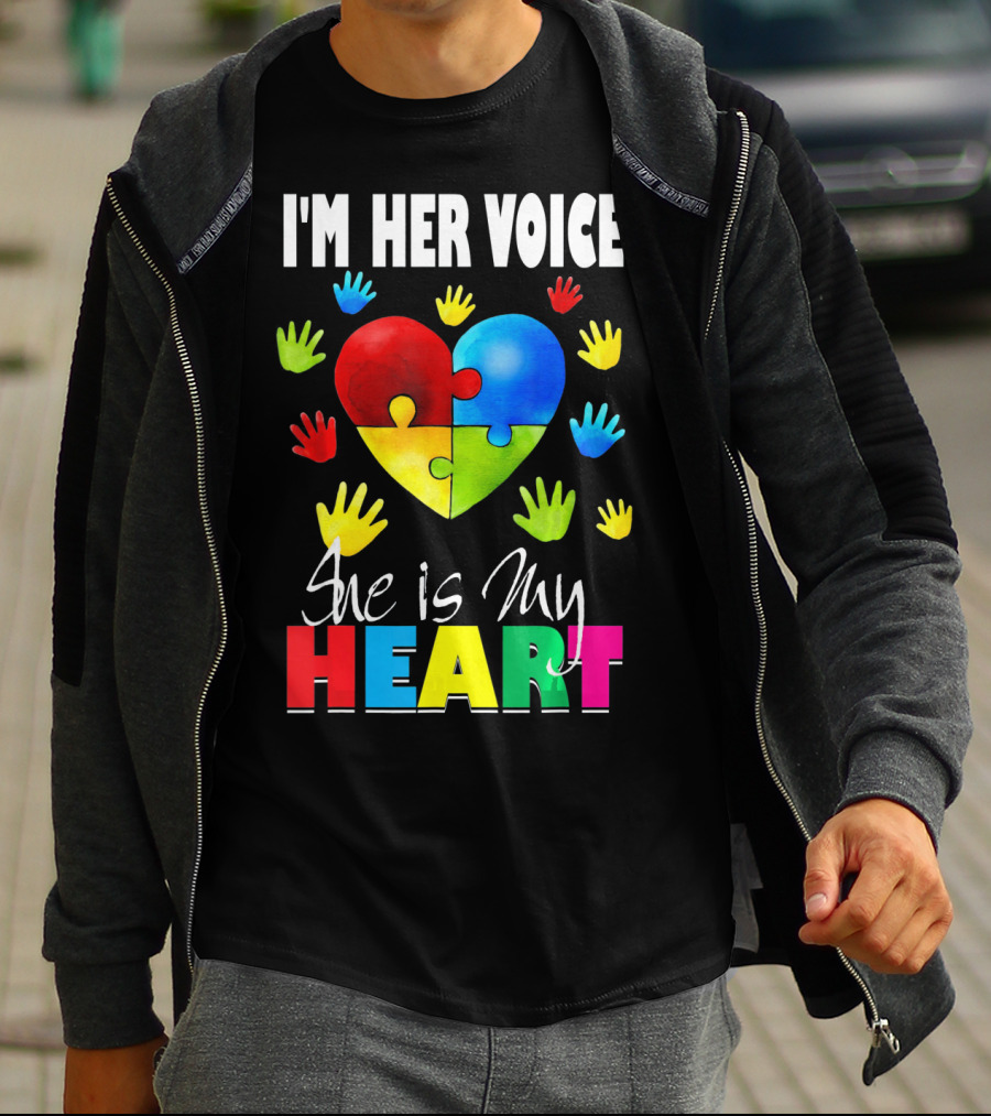 I'm Her Voice She Is My Heart Autism Awareness Puzzle Hands T-Shirt