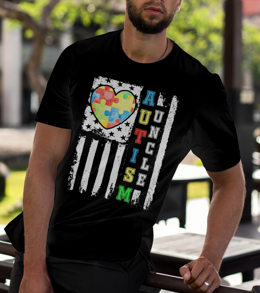 Autism Uncle US Flag Puzzle Heart T-Shirt