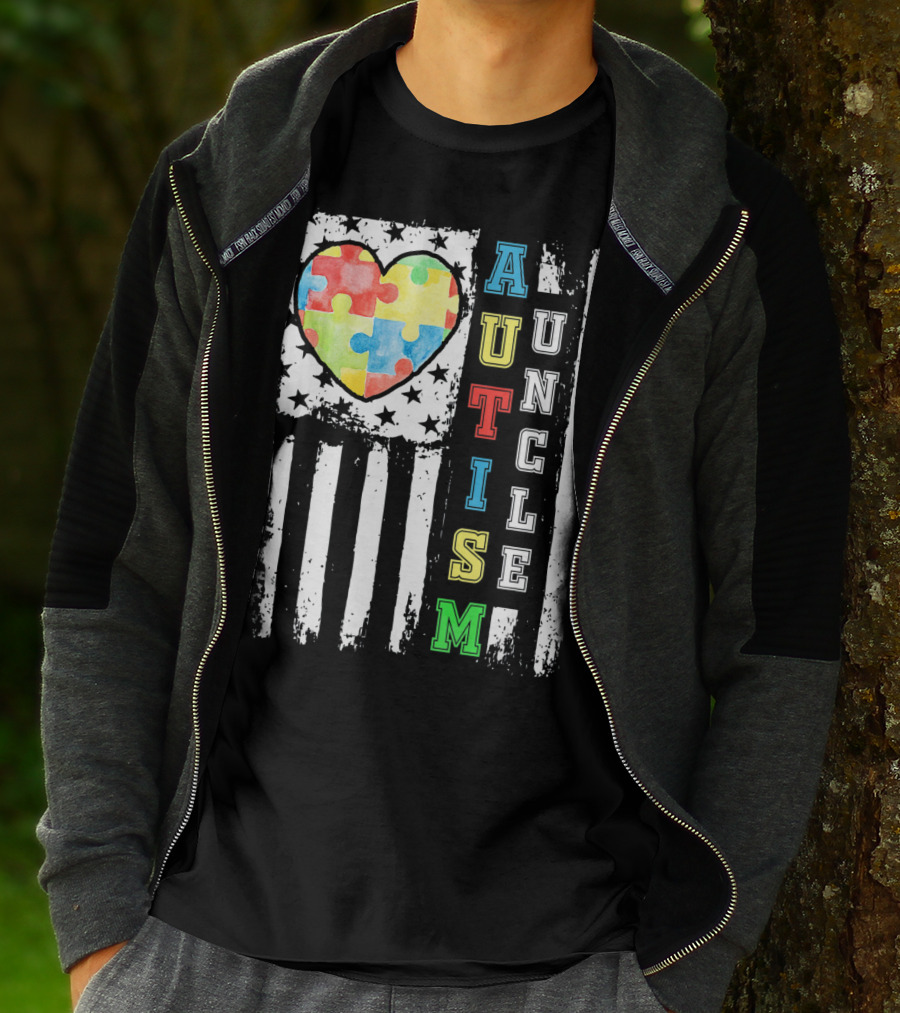 Autism Uncle US Flag Puzzle Heart T-Shirt