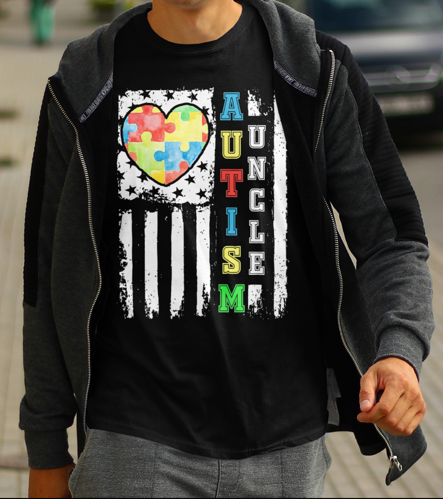 Autism Uncle US Flag Puzzle Heart T-Shirt