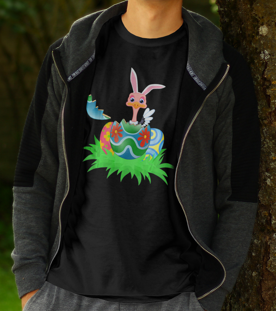 Easter Ostrich Hatching From Colorful Easter Egg With Bunny Ears And Flowers T-Shirt